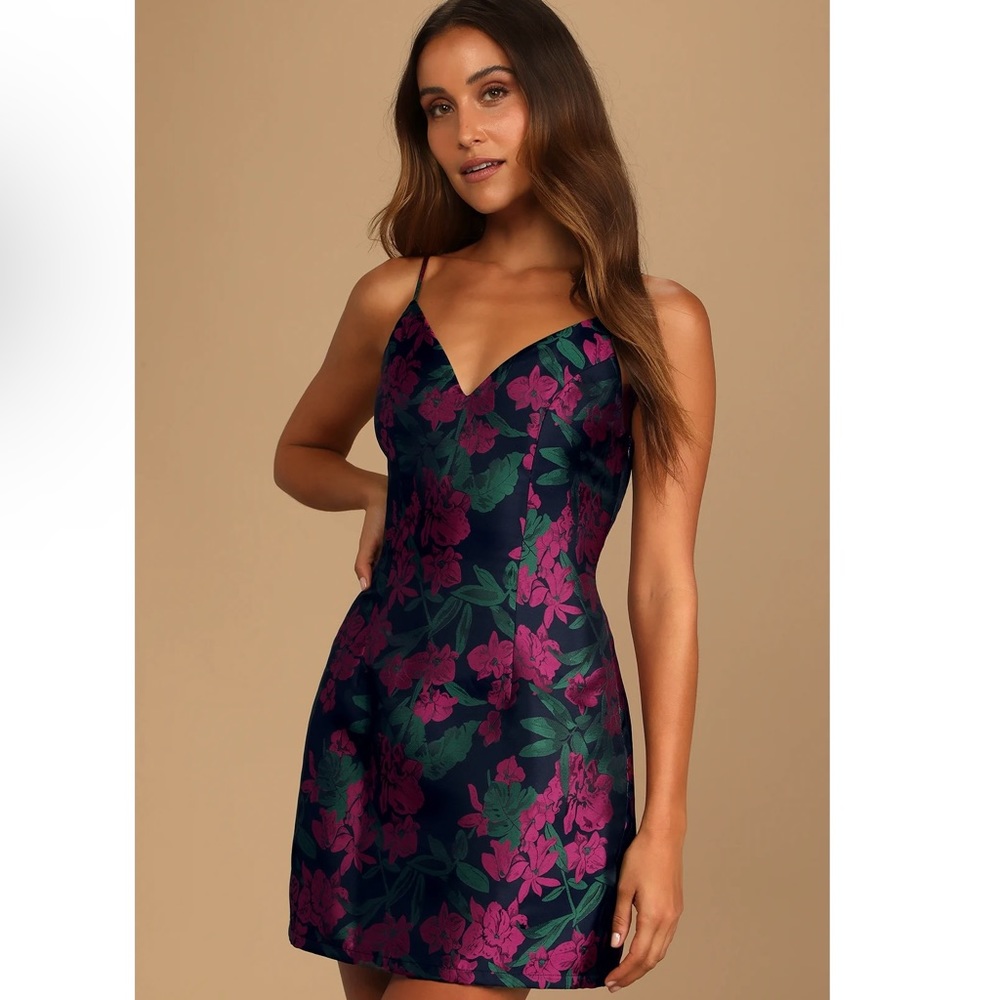 Lulus Absolutely Exquisite Navy Blue Floral Jacquard Mini Dress